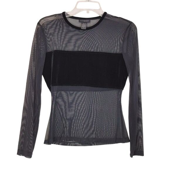 Express Fitted Mesh Top Crew Neck Long Sleeve Stretch Sheer Black Womens Size M - Picture 3 of 7
